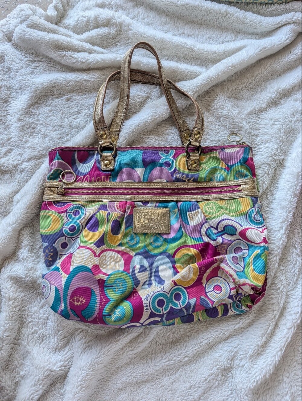 Coach Vintage Poppy Graffiti Colorful Multi-Print Tote Bag with Gold Accents